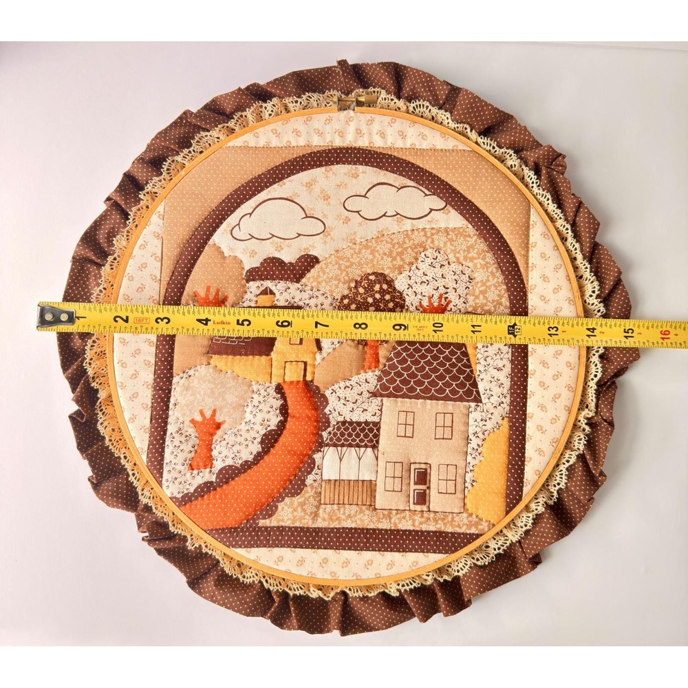 Vintage Handmade Fabric Applique Village Landscape Hoop Wall Art Ruffle 12in - Picture 4 of 11
